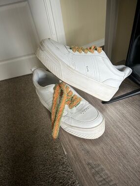 Keds White Platform Sneakers with Orange and Green Knit Laces